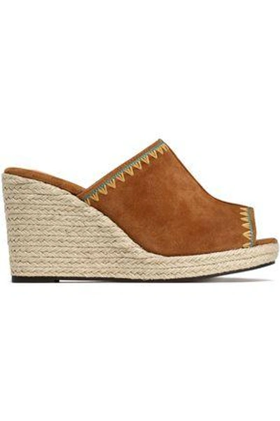 Shop Castaã±er Castañer Woman Embroidered Suede Espadrille Wedge Mules Tan