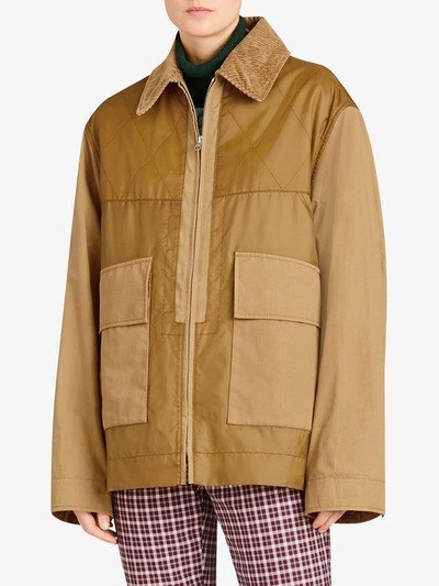 Shop Burberry Quilted Panel Cotton Blend Jacket In Brown