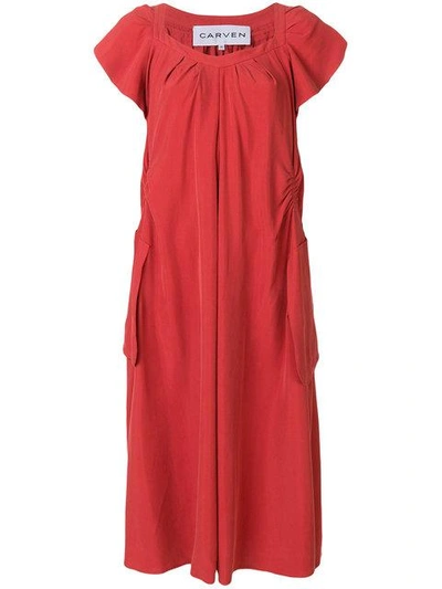 Shop Carven Ruched Detail Straight Dress In Red