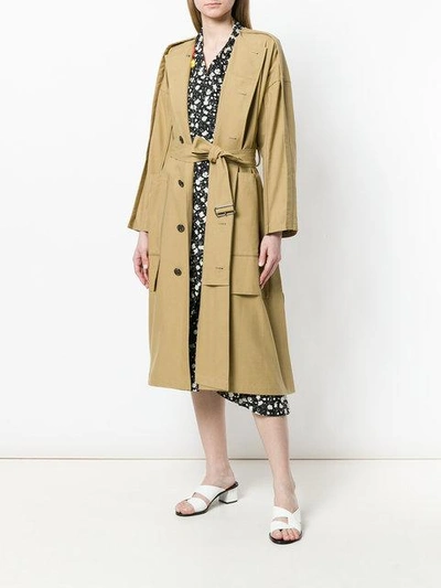 Shop Ujoh Side Slit Collarless Trench Coat In Neutrals