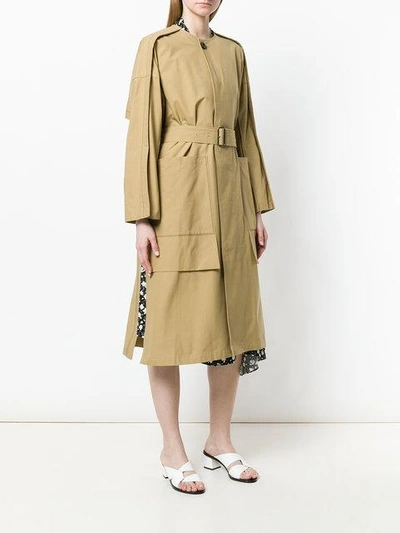 Shop Ujoh Side Slit Collarless Trench Coat In Neutrals