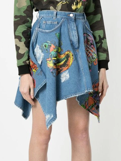 Shop Jeremy Scott Print Flared Denim Skirt - Blue