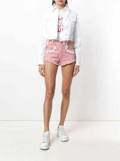 Shop Gcds Embroidered Flamingos Denim Shorts - Pink