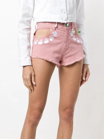 Shop Gcds Embroidered Flamingos Denim Shorts - Pink