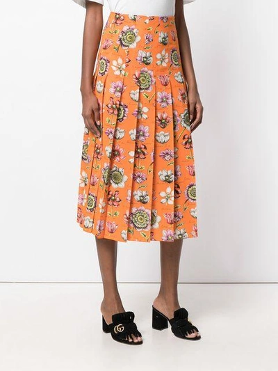 Shop Gucci Floral Print Pleated Skirt - Yellow