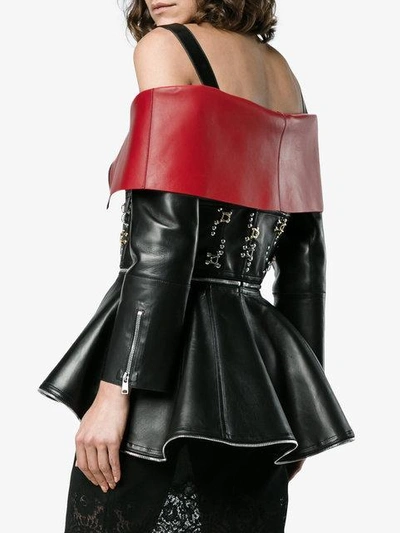 Stud Embellished Off The Shoulder Leather Jacket