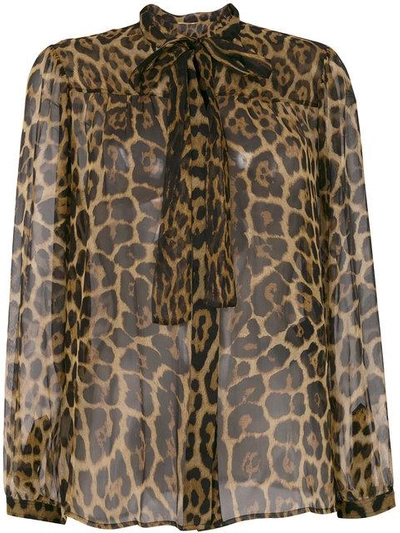 Shop Saint Laurent Sheer Leopard Print Blouse - Brown