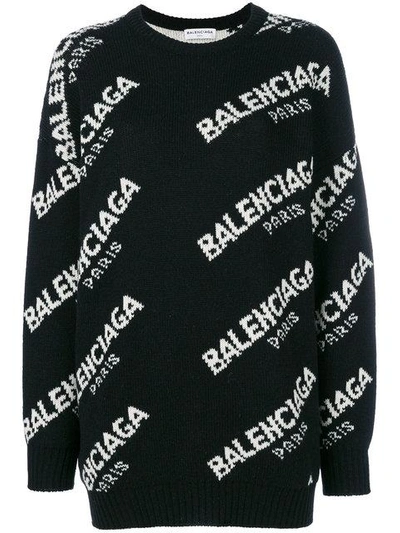 Shop Balenciaga Jacquard Logo Crewneck Sweater - Black