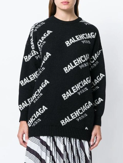 Shop Balenciaga Jacquard Logo Crewneck Sweater - Black