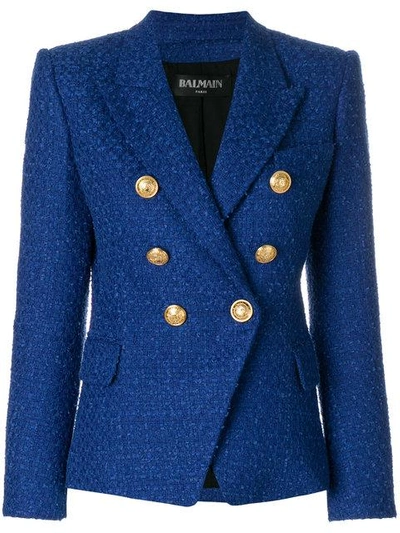 Shop Balmain Double-breasted Tweed Blazer In Blue