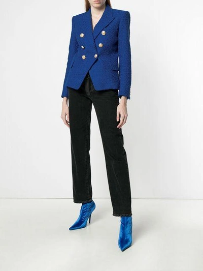 Shop Balmain Double-breasted Tweed Blazer In Blue