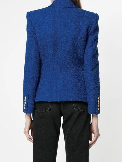 Shop Balmain Double-breasted Tweed Blazer In Blue