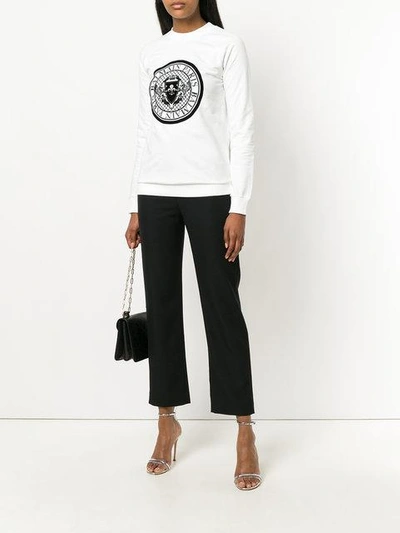 Shop Balmain Logo Crest Print Sweatshirt - White