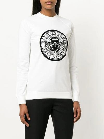 Shop Balmain Logo Crest Print Sweatshirt - White