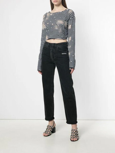 Shop Faith Connexion Embroidered Striped Cropped Top In Blue ,white