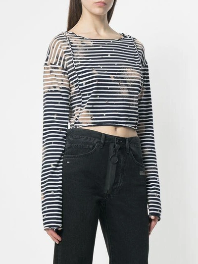 Shop Faith Connexion Embroidered Striped Cropped Top In Blue ,white
