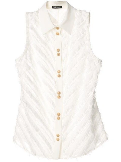 Shop Balmain Fringe-trimmed Sleeveless Shirt In White