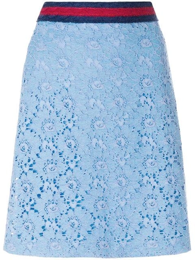 Shop Gucci Flower Lace Web Skirt In Blue