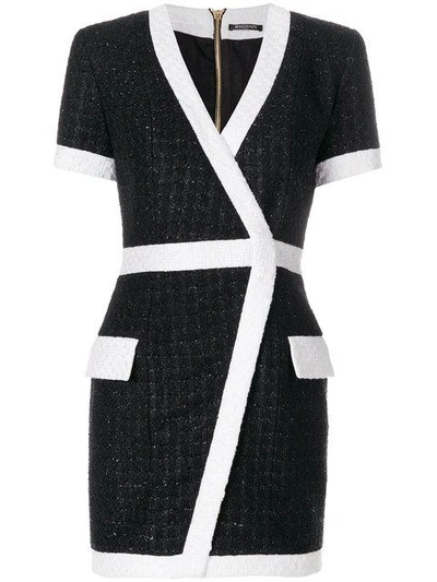 Shop Balmain Bouclé Tweed Mini Wrap Dress In Black