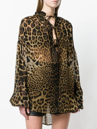 Shop Saint Laurent Leopard Print Lace Front Shirt - Brown