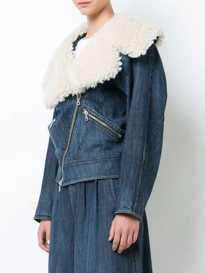 Shop Adam Lippes Stretch Denim Moto Jacket With Shearling Collar