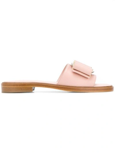 Shop Ferragamo Studded Vara Bow Slide Sandals In Pink