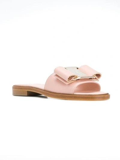 Shop Ferragamo Studded Vara Bow Slide Sandals In Pink