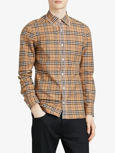 Shop Burberry Embroidered Detail Check Cotton Shirt In Nude & Neutrals