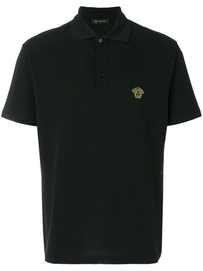 Shop Versace Embroidered Medusa Polo Shirt In Black
