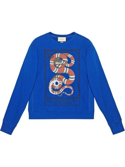 Gucci Snake Stamp Graphic Crewneck Sweatshirt In Blue | ModeSens