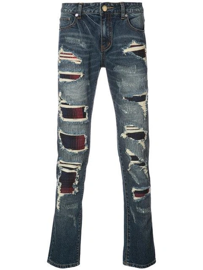 Shop God's Masterful Children Plaid Panel Distressed Jeans In Blue