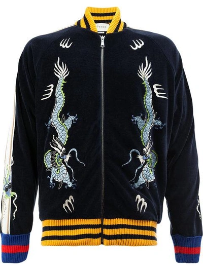 Shop Gucci Dragon Embroidered Velvet Bomber Jacket