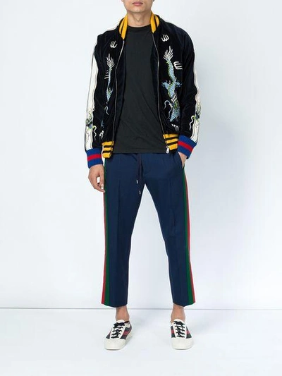 Shop Gucci Dragon Embroidered Velvet Bomber Jacket