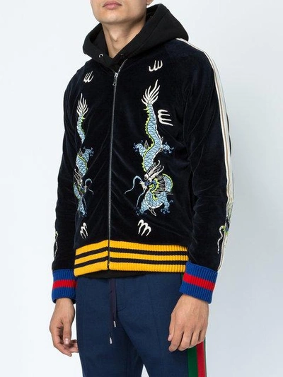 Shop Gucci Dragon Embroidered Velvet Bomber Jacket