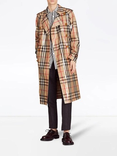 Shop Burberry Laminated Check Trench Coat - Nude & Neutrals