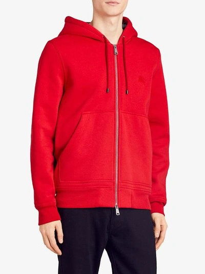 Shop Burberry Check Detail Jersey Hooded Top In Military Red
