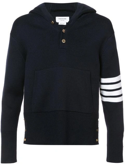 Shop Thom Browne Pullover Hoodie With Rib Stitch In Navy Merino