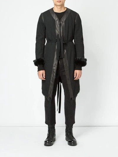 Shop Takahiromiyashita The Soloist Tie Detailed Coat With Fur Cuffs In Black