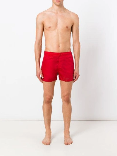 Shop Moncler Side Stripe Swim Shorts In Red