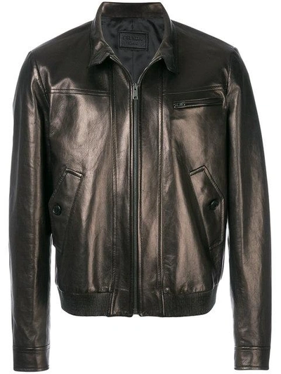 Shop Prada High Collared Leather Jacket - Black