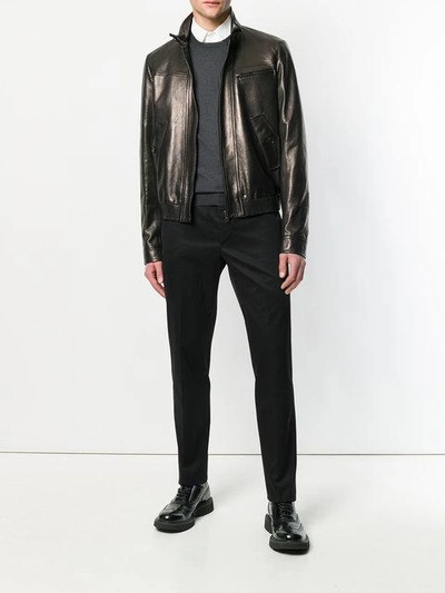 Shop Prada High Collared Leather Jacket - Black