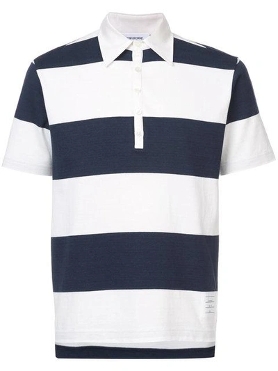 Shop Thom Browne Short Sleeve Polo With 4-bar Stripe In Blue And White Rugby Stripe