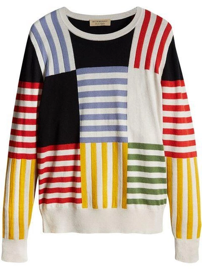Shop Burberry Striped Intarsia Cashmere Cotton Sweater In Multicolour