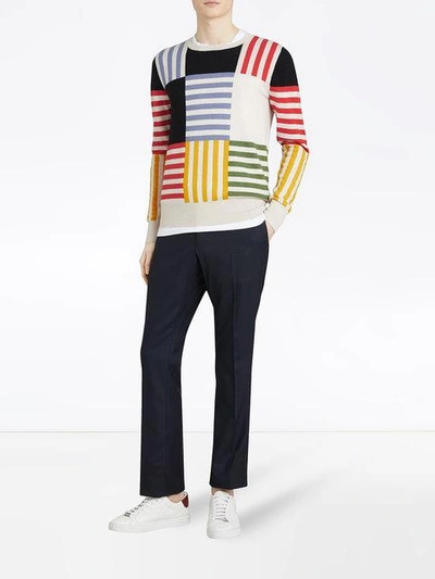 Shop Burberry Striped Intarsia Cashmere Cotton Sweater In Multicolour