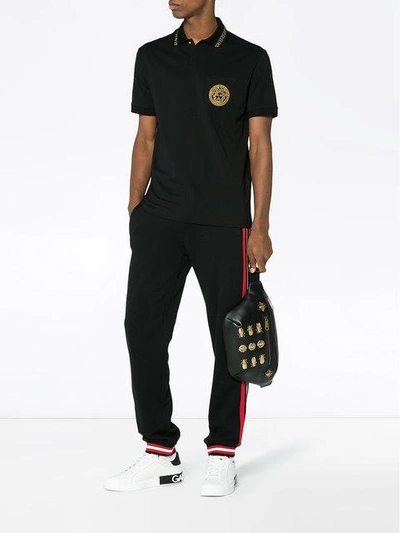 Shop Versace Medusa Embroidered Polo Shirt - Black