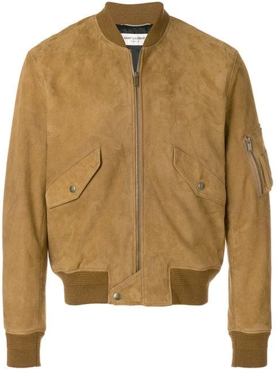 Shop Saint Laurent Suede Bomber Jacket In Brown