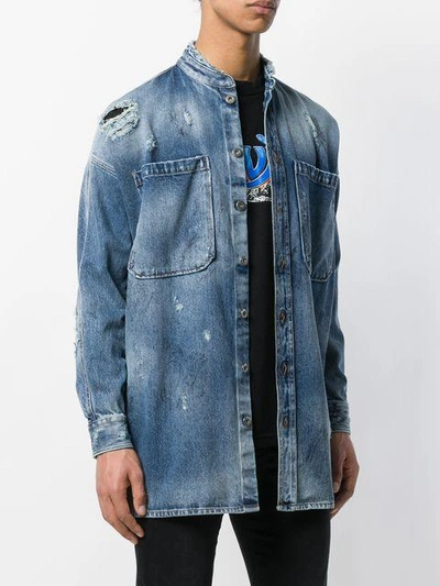 Shop Overcome Stonewashed Distressed Denim Shirt In Blue