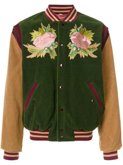 Shop Gucci Angry Cat And Floral Embroidered Bomber Jacket In Green