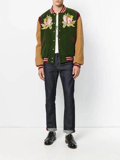 Shop Gucci Angry Cat And Floral Embroidered Bomber Jacket In Green