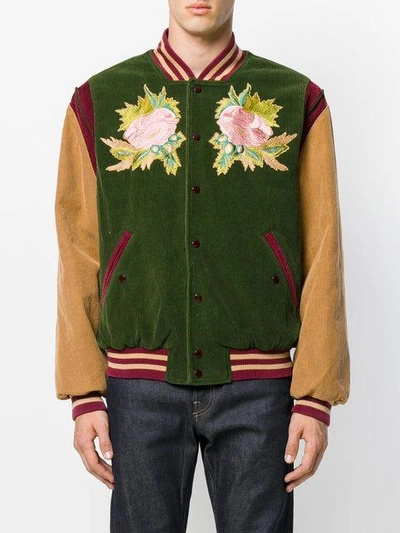 Shop Gucci Angry Cat And Floral Embroidered Bomber Jacket In Green